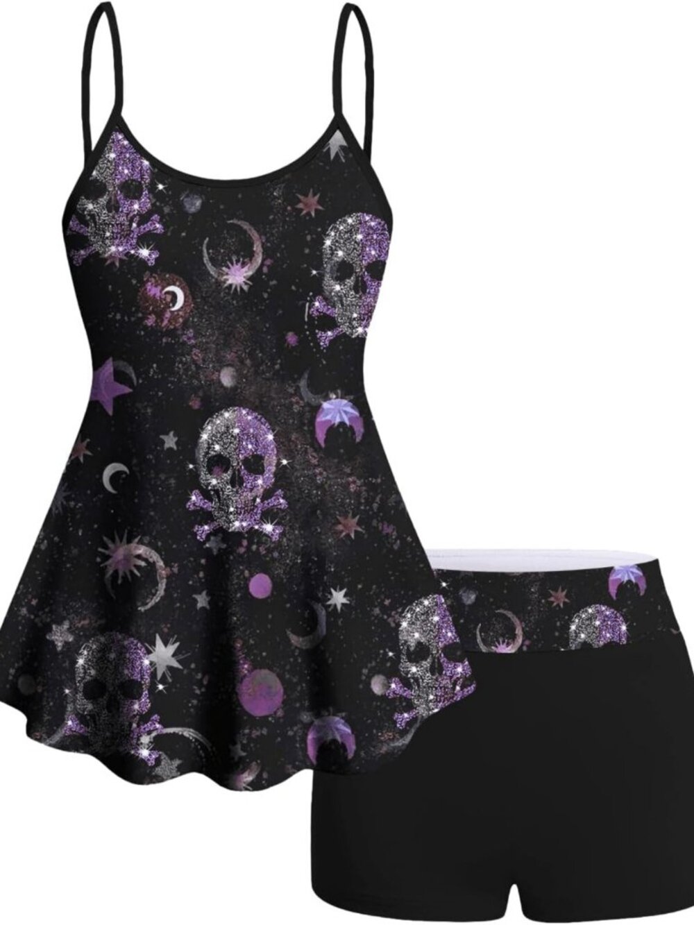 Plus Size Gothic Tummy Control Tankini Swimsuit, Skull Print Two Piece Bathing